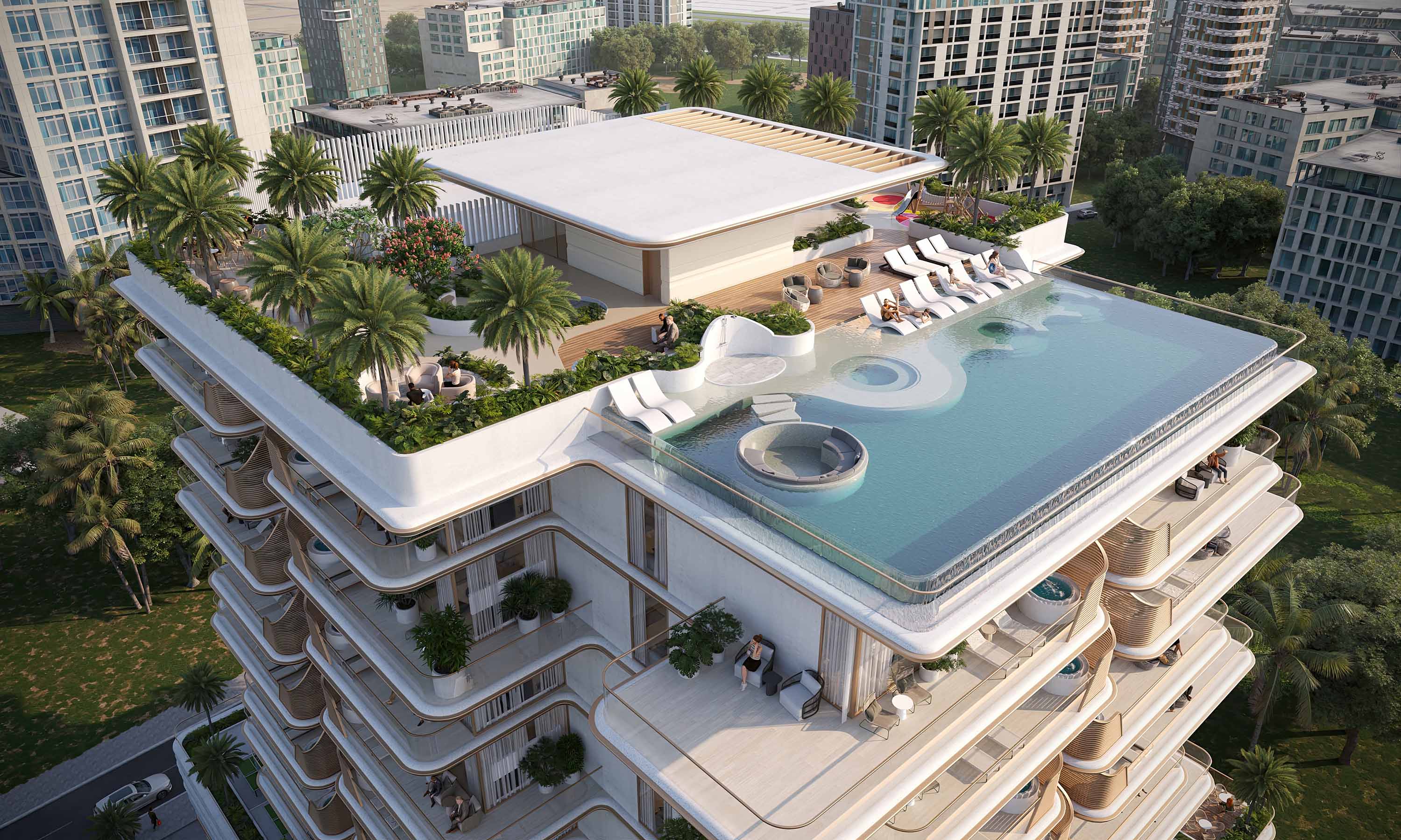 Sunset Bay By Imtiaz A modern building rooftop featuring a pool, lounge chairs, greenery, and people relaxing in a sunny cityscape.
